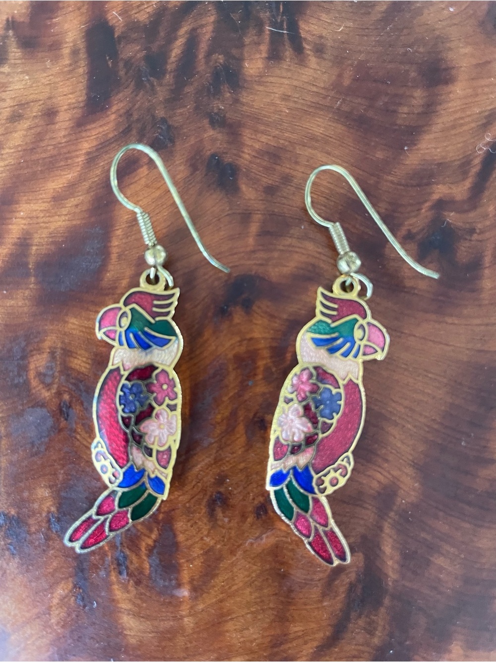 Vintage Colorful Parrot Macaw Cloisonné Enamel Drop Earrings - Pink, Blue, Green